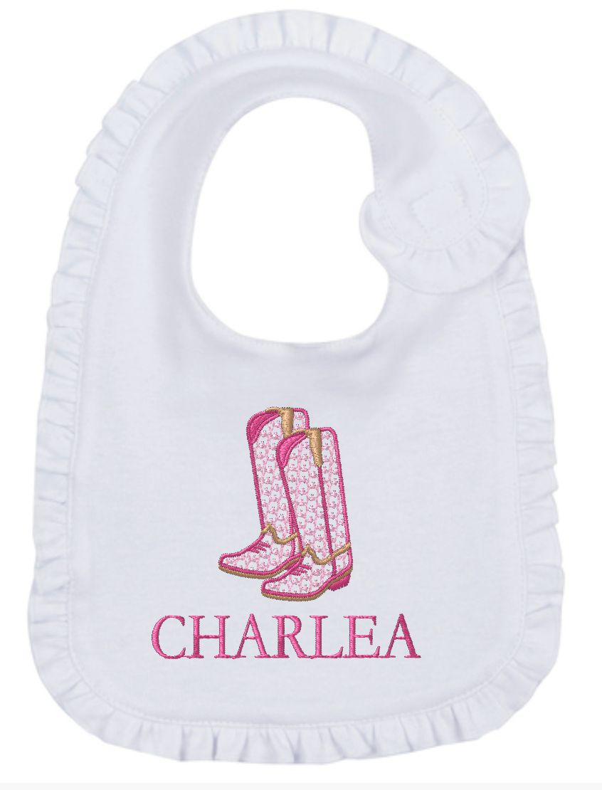 Ruffled Baby Bib: Boots Pink